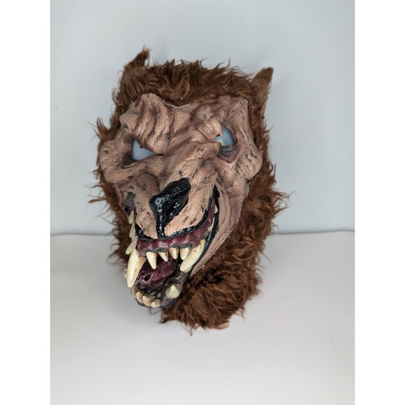Halloween Wolfgang Wolf Face Mask Adult with Furry Brown Fur Rubber - Picture 1 of 10